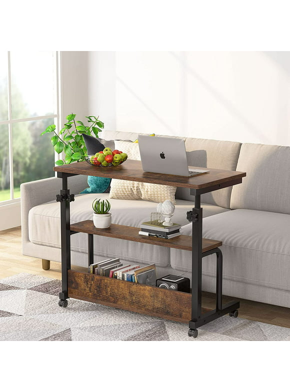 Tribesigns Height Adjustable C Table with Wheels, Mobile Bedside Sofa Couch Side Table for Laptop, Brown
