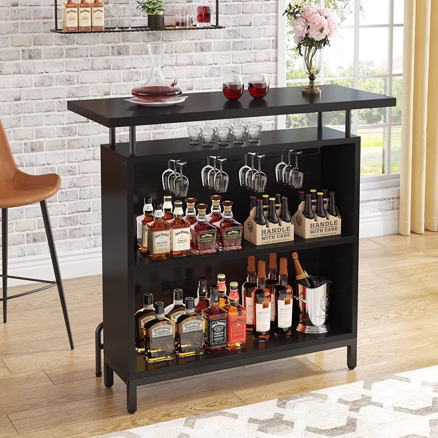 Tribesigns Home Bar Unit, 3 Tier Bar Table Liquor with Stemware