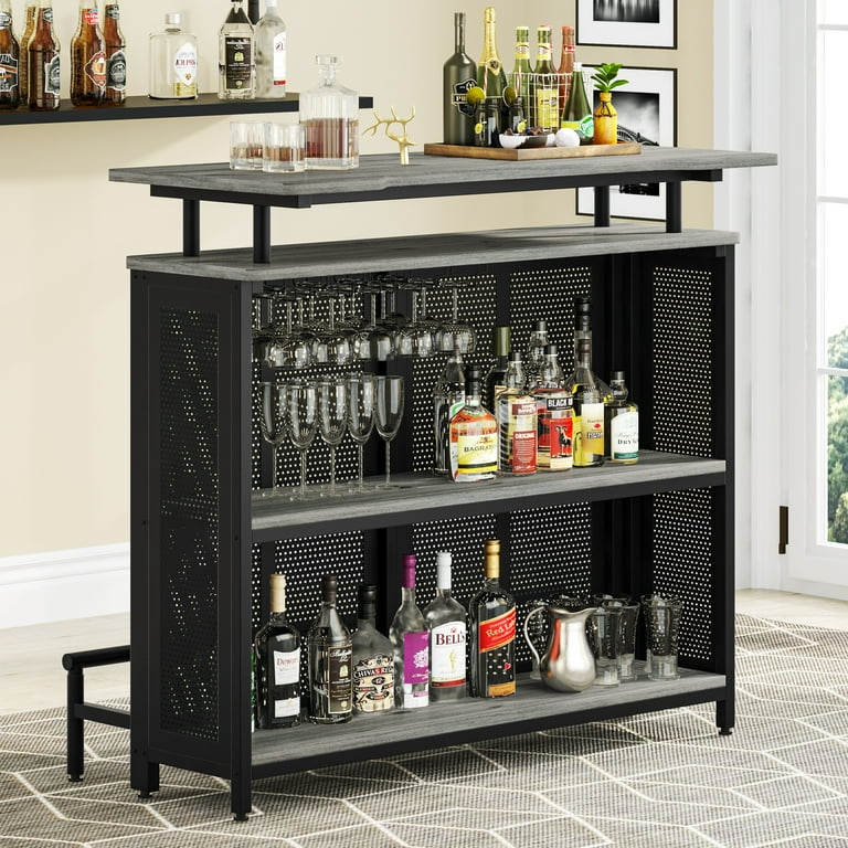 Tribesigns Home Bar Unit, 3 Tier Liquor Bar Table with Stemware Racks and  Wine Storage Shelves, Wine Bar Cabinet Mini Bar for Home Kitchen Pub (Gray)