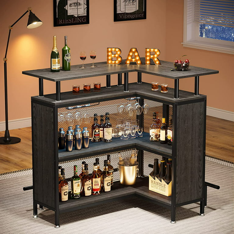 Home Bar Unit, 4 Tier L Shaped Liquor Bar Table with Storage, Elevated  Countertop, Wine Glasses Holder, and Footrest, Corner Wine Bar Table for  Party Home Kitchen Pub Living Room, Black 