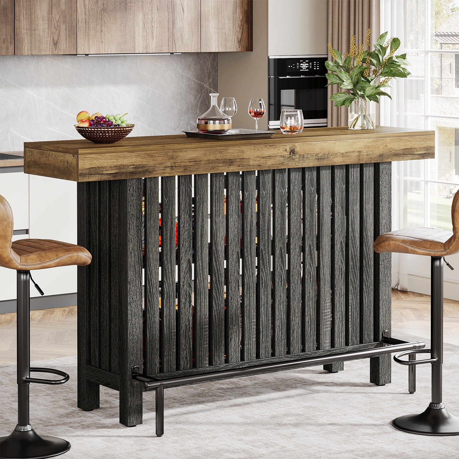Tribesigns Home Bar Unit, Modern 2-Tier Bar Table with Footrest, Corner Mini Coffee Bar Cabinet for Home Kitchen Pub, Brown and Dark Gray