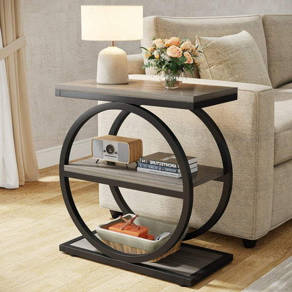Tribesigns 3-Tier Narrow End Table with Black Metal Frames, Industrial Wood Side Table for Living Room, Slim Nightstand for Bedroom, Grey