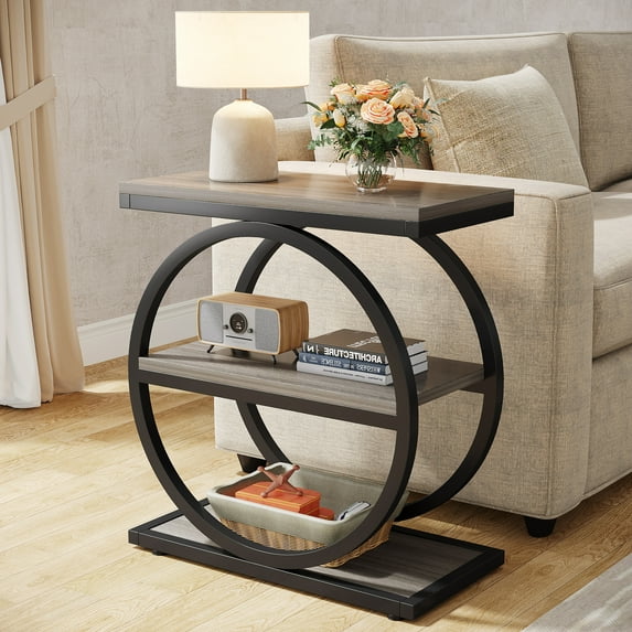 Tribesigns 3-Tier Narrow End Table with Black Metal Frames, Industrial Wood Side Table for Living Room, Slim Nightstand for Bedroom, Grey