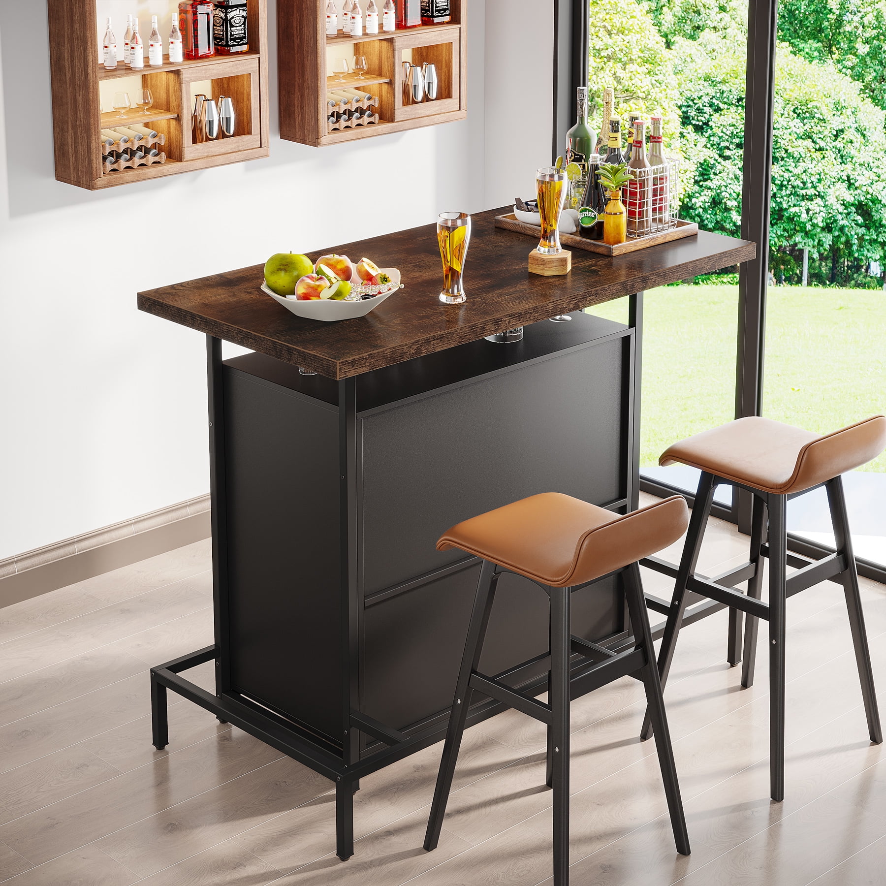 Tribesigns Industrial 3-Tier Home Bar with Glasses Holder and Wine Storage, Vintage Brown Mini Bar Cabinet Set with Footrest for Home Pub