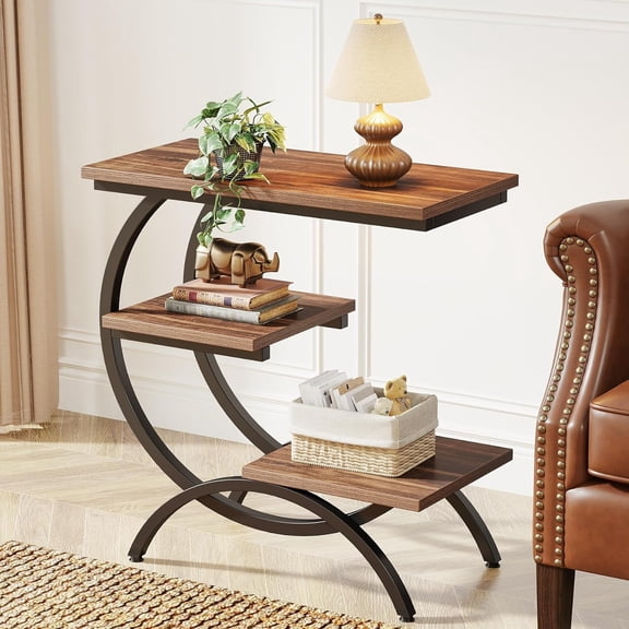 Tribesigns Industrial 3-Tier Small Side Table for Couch, Wood Bedside Table Snack Side Table with Storage Shelves for Living Room Small Space, Rustic Brown