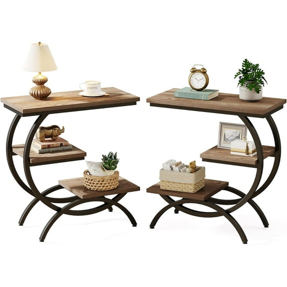 Tribesigns Industrial 3-Tier Small Side Table for Couch, Wood Bedside Table Snack Side Table with Storage Shelves for Living Room Small Space, Rustic Brown