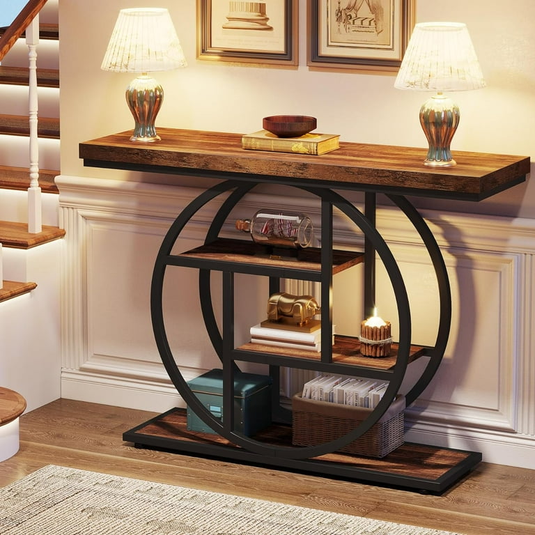 Tribesigns Industrial 4 Tier Sofa Table with Circle Base 41.3 Console Table Narrow Wood Accent Tables with Storage Shelves for Living Room Hallway