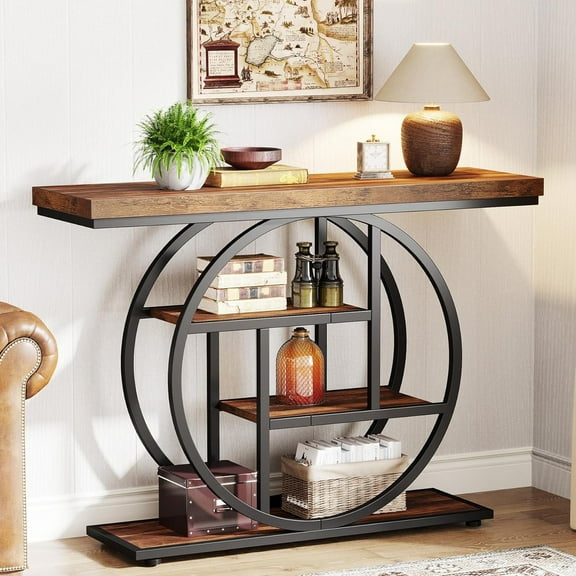 Finmind Industrial 4-Tier Sofa Table with Circle Base, 41.3" Console Table Narrow Wood Accent Tables with Storage Shelves for Living Room, Hallway, Foyer, Rustic Brown