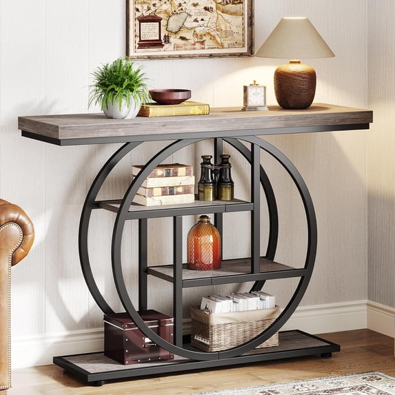 Finmind Industrial 4-Tier Sofa Table with Circle Base, 41.3" Console Table Narrow Wood Accent Tables with Storage Shelves for Living Room, Hallway, Foyer, Rustic Brown