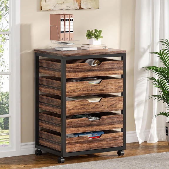Finmind Industrial 5-Drawer File Cabinet, Wooden Mobile Lateral Filing Cabinet with Storage Drawers and Wheels for Home Office, Rustic Walnut