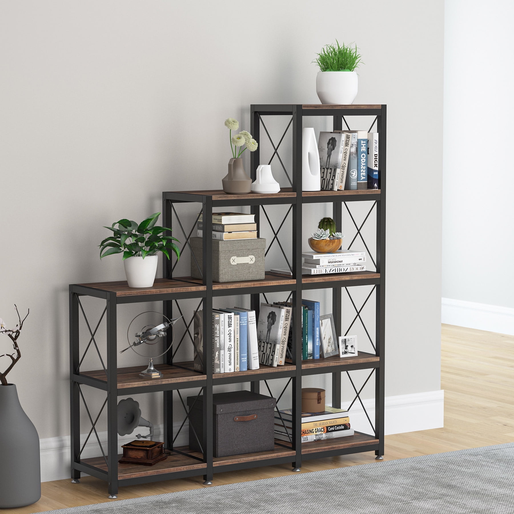 Tribesigns Industrial 5-Tier Ladder Bookshelf - 12-Shelf Rustic Brown Bookcase with 9 Cubes, Corner Display Storage for Home/Office
