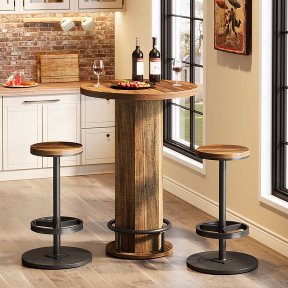 Finmind Round Bar Table with 2 Barstools, Industrial Bistro Pub Set with Metal Footrest for Kitchen Nook, Apartment, Small Space, Brown