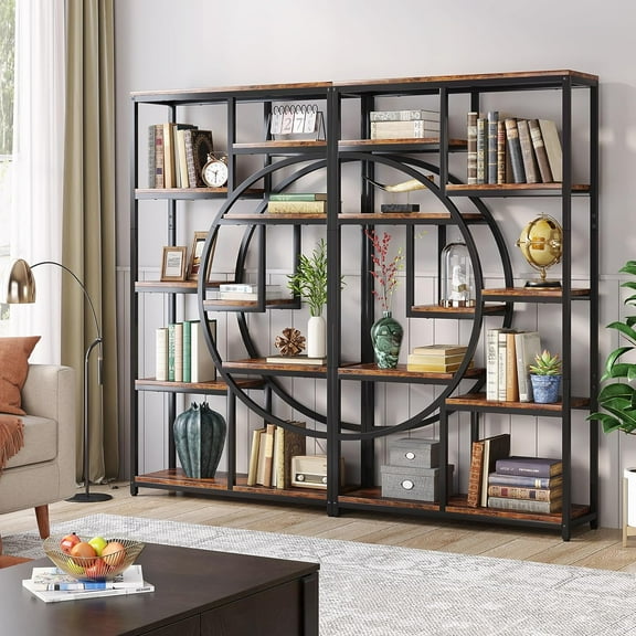Tribesigns Industrial Bookshelf with Circle Design (Brown, 2 Pack）