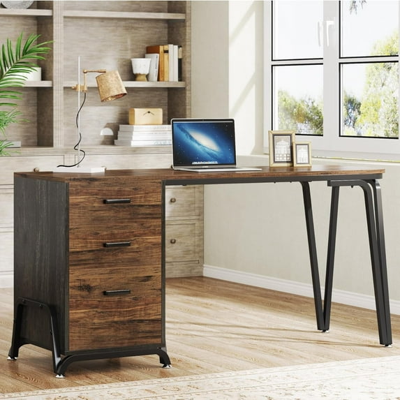 Finmind Industrial Computer Desk with 3-Drawer Cabinet, Reversible Design & Wide Workspace