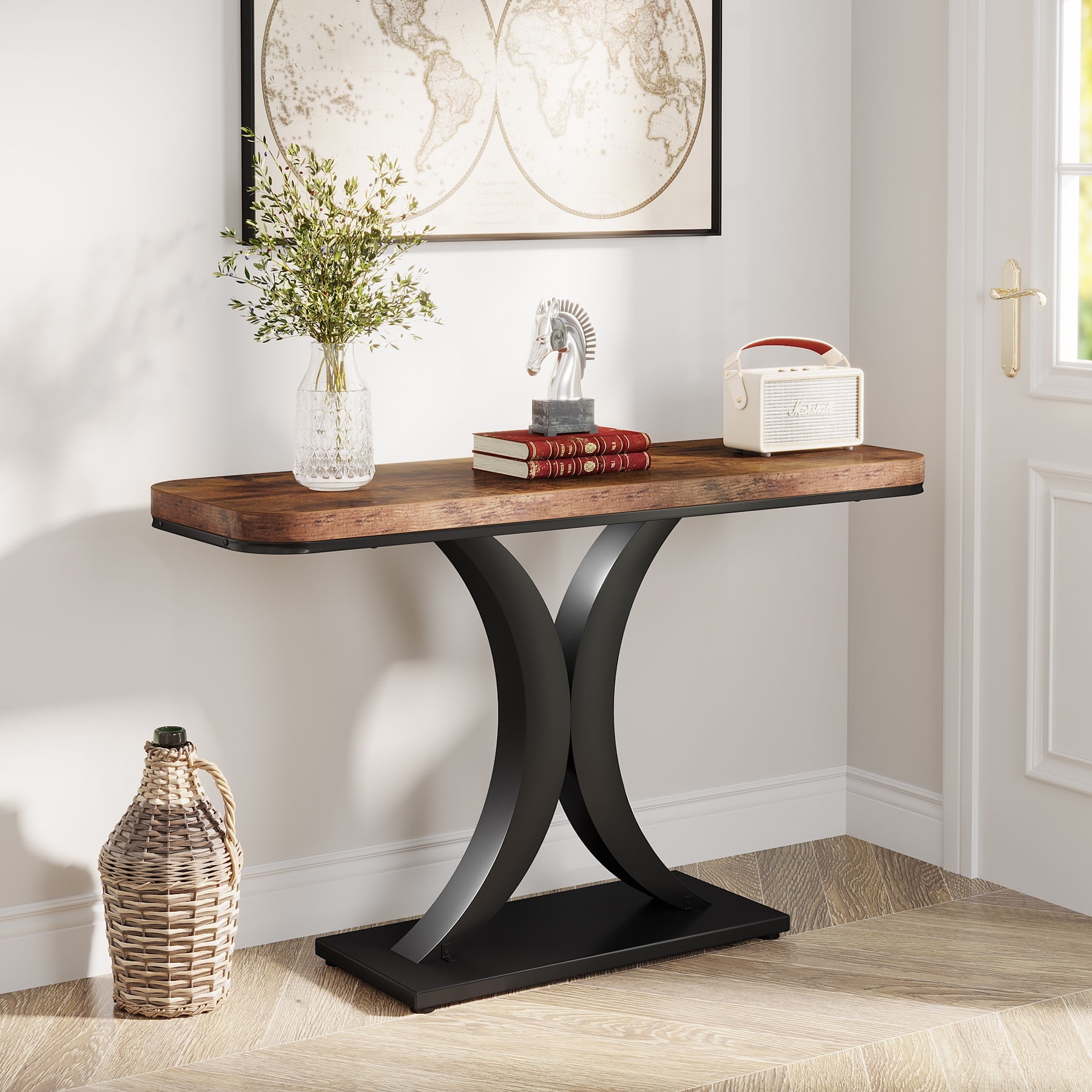 Tribesigns Industrial Console Tables, 40" Narrow sofa Entryway Tables with Geometric Base for Living Room, Hallway and Foyer,Brown and Black