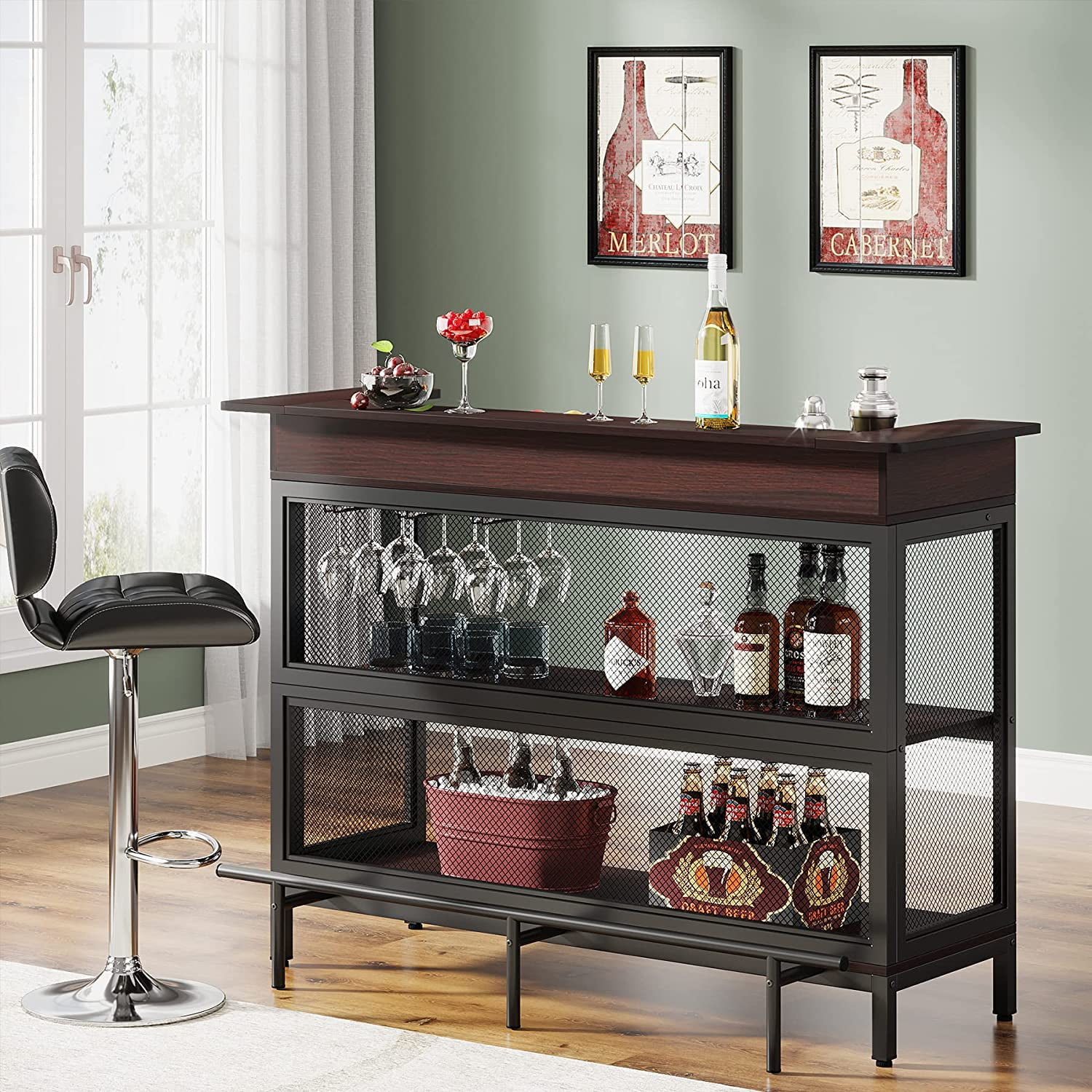 Tribesigns L-Shaped Home Bar Unit, 3 Tier Liquor Bar Table with Storage  Shelves and 6 Wine Glasses Holder, Industrial Corner Wine Bar Cabinet Mini  Bars for Home Kitchen Pub, Rustic Brown 