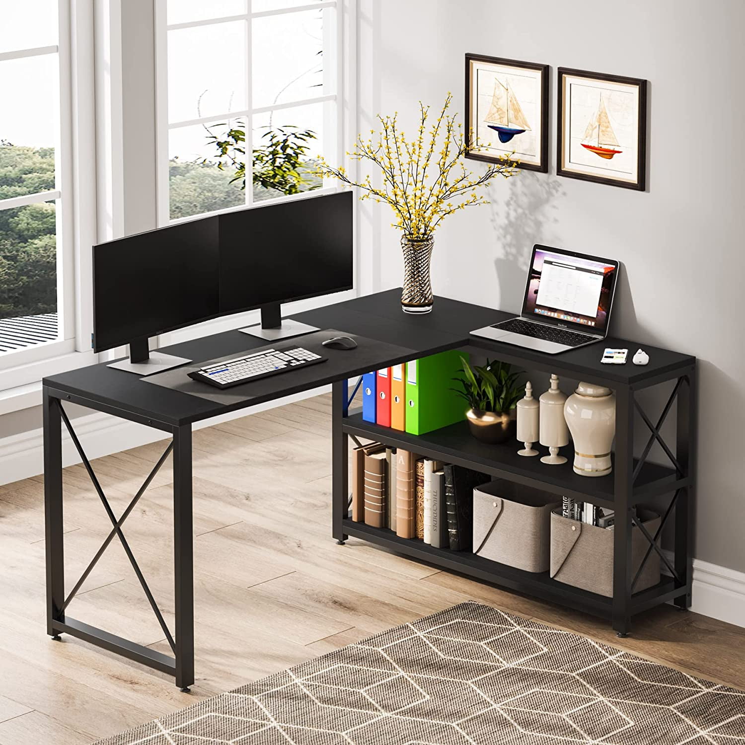Office Furniture & Storage, Computer Desk Laptop Study Table Workstation  with Storage Shelf Metal
