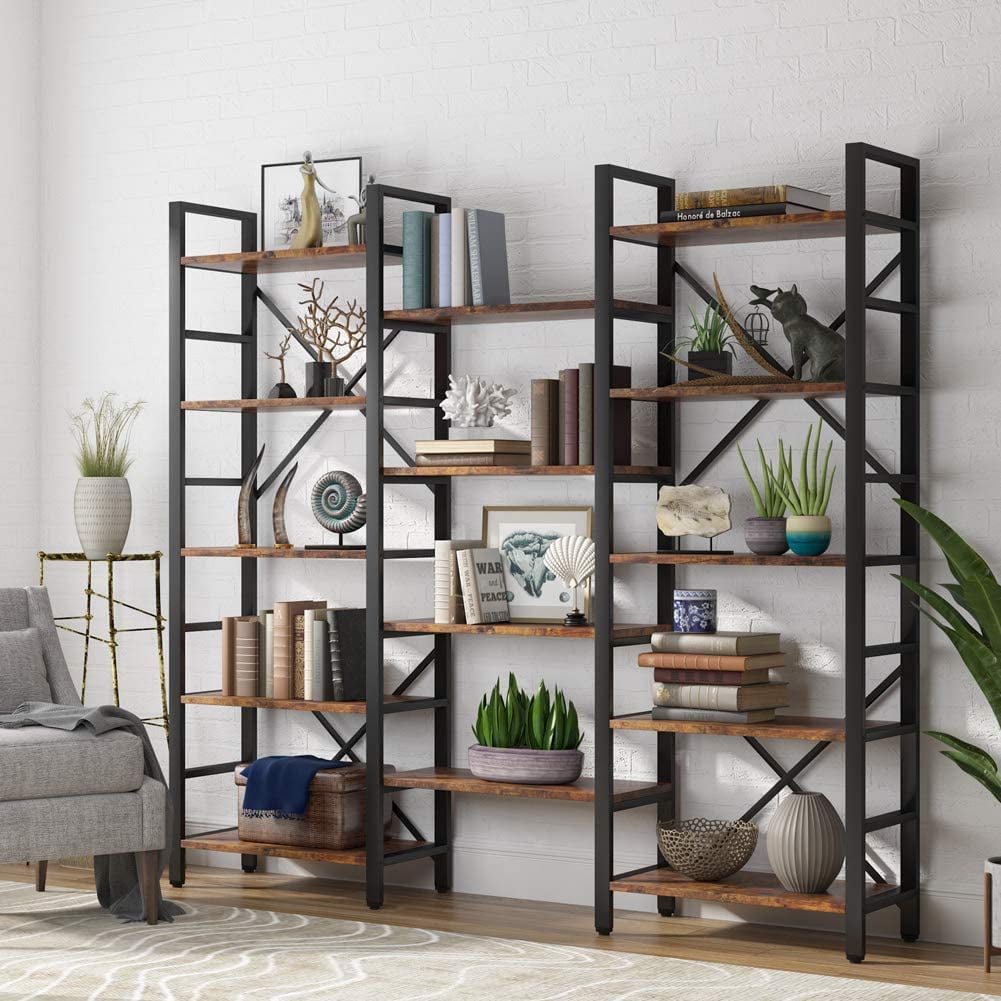 Tribesigns Industrial Large 5-Tier Bookshelves for Display and Storage, Modern Triple Wide 14 Shelves Etagere Bookcase with Metal Frame &amp; Vintage