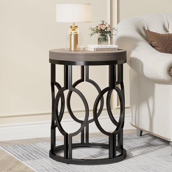 Finmind Industrial Round End Table, Small Sofa Side Table with Metal Hollow Frame for Living Room, Bedroom, Grey