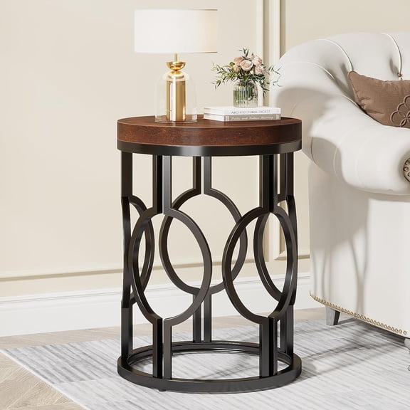 Finmind Industrial Round End Table, Small Side Table with Metal Hollow Frame for Living Room, Bedroom, Rustic Brown