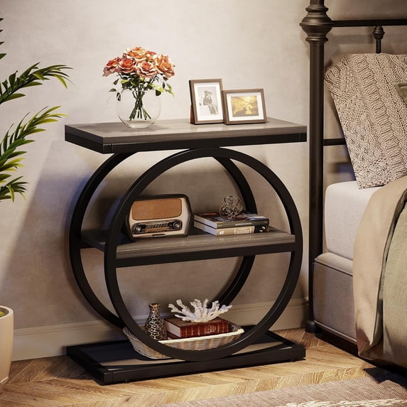 Tribesigns Industrial Sofa End Table, Narrow Wooden Sofa Table with 3 Storage Shelves, Gray & Black