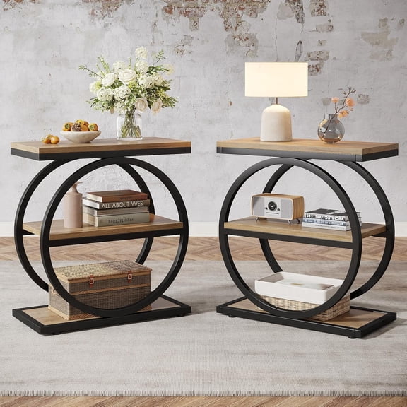 Tribesigns Industrial Sofa End Table Set of 2, Narrow Wooden Sofa Table with 3 Storage Shelves, Oak & Black