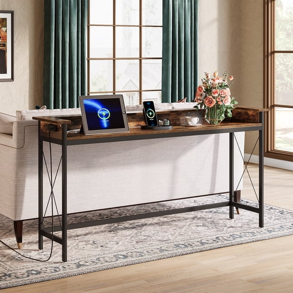 Finmind Industrial Sofa Table, 70.9" Long Console Table with Outlets and USB Ports for Entryway, Living Room, Brown