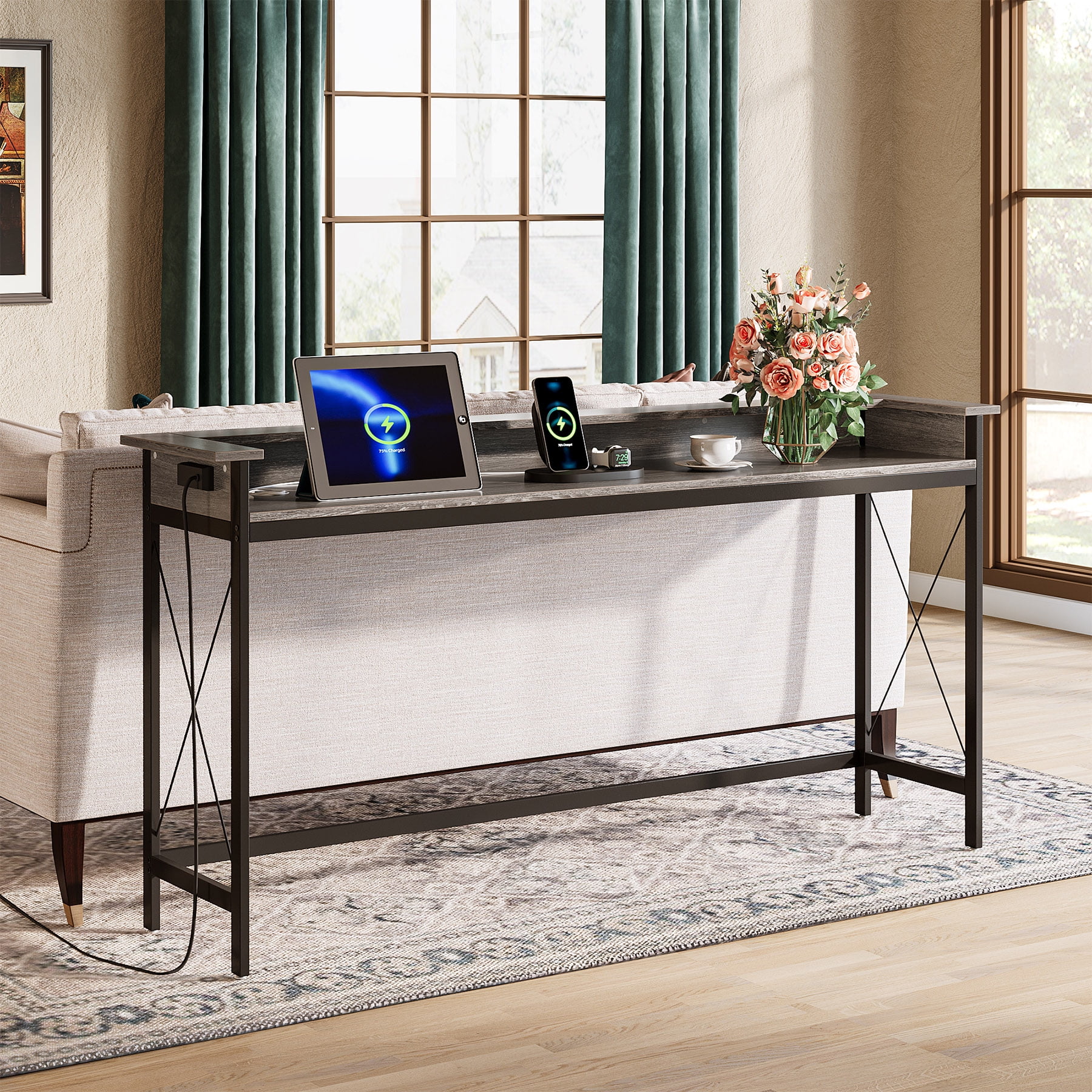 Tribesigns Industrial Sofa Table, 70.9" Long Console Table with Outlets and USB Ports for Entryway, Living Room, Grey