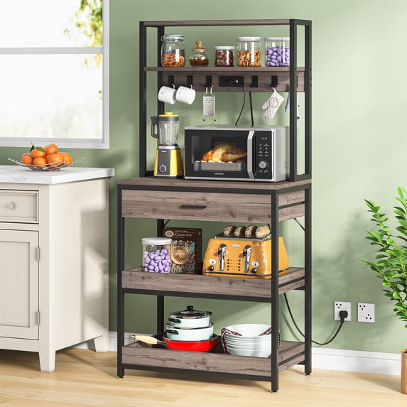Tribesigns Kitchen Bakers Rack with Power Outlets, 5-Tier Microwave Oven Stand with Drawer and Sliding Shelves, Freestanding Coffee Bar, Kitchen Storage Shelf Organizer with 6 Hooks, Retro Gray