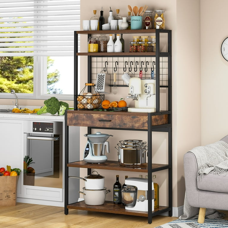 Tribesigns Kitchen Bakers Rack with Hutch 5 Tier Kitchen Utility Storage Shelf with Hutch and 8 S Hooks Vintage Brown