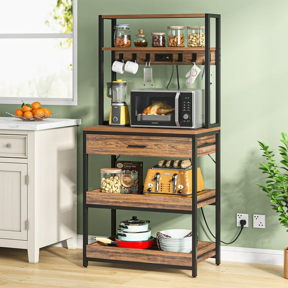 Tribesigns Kitchen Bakers Rack with Power Outlets, 5 Tier Microwave Oven Stand with Drawer, Sliding Shelves & Hooks, Rustic Brown
