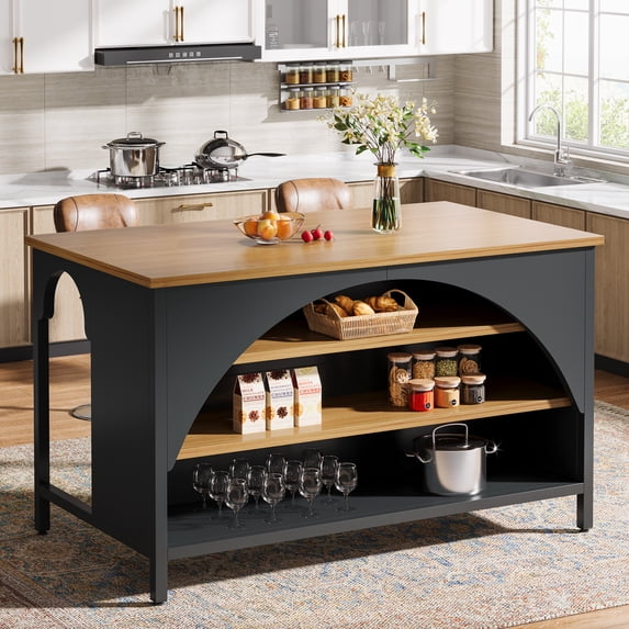 Tresigns, Kitchen Island, 55 W with 3 Shelves, Brown and Black ...