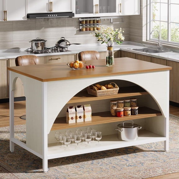 Tribesigns Kitchen Island with 3 Shelves, Large Countertop & Seating, White