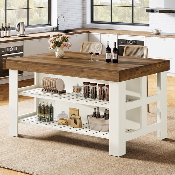 Tribesigns Kitchen Island with Storage Shelves, 55.1-Inch Farmhouse Island Table for Kitchen, Dining Room