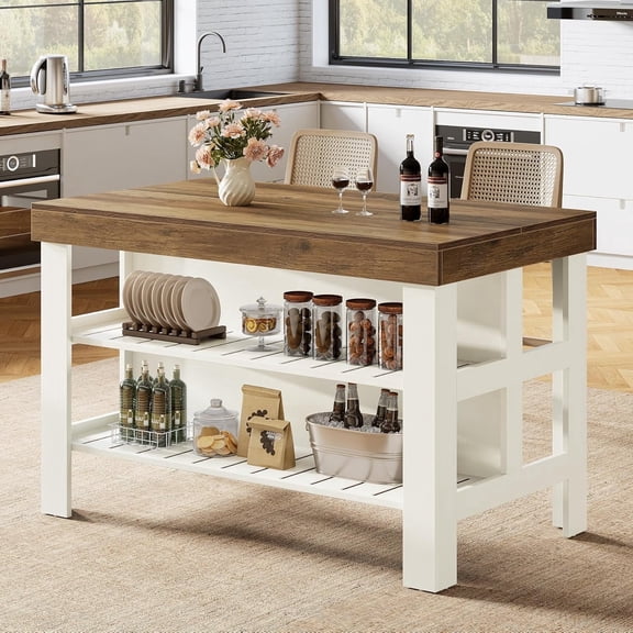 Tribesigns Kitchen Island with Storage Shelves, 55.1-Inch Farmhouse Island Table for Kitchen, Dining Room