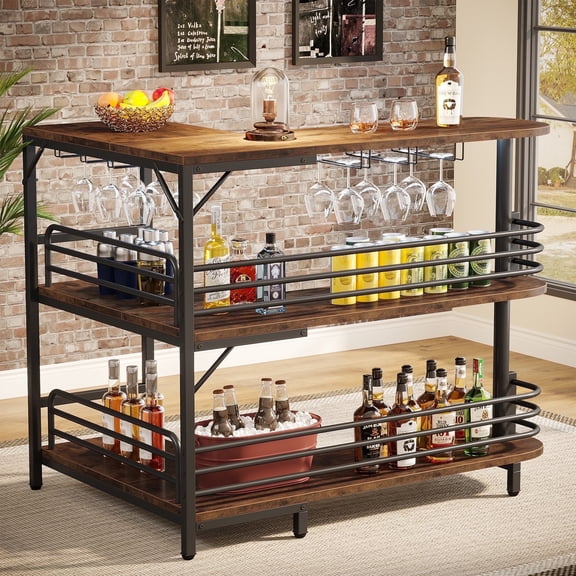 Finmind Modern L-Shaped Bar Table, 3-Tier Wood Pub Table with Storage Shelves and Stemware Rack for Kitchen, Dining Room, Rustic Brown