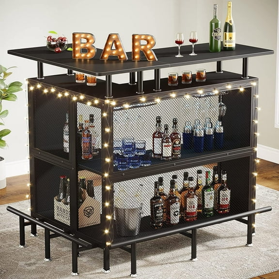 Tribesigns L-Shaped Bar Table, 4 Tiers Wood Pub Table with Storage Shelves and Stemware Racks for Kitchen, Dining Room, Black