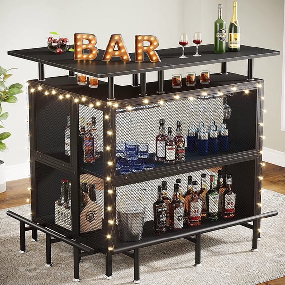 Finmind L-Shaped Bar Table, 4 Tiers Wood Pub Table with Storage Shelves and Stemware Racks for Kitchen, Dining Room, Black