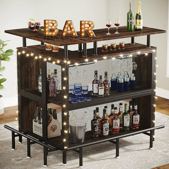 Tribesigns L-Shaped Bar Table, 4 Tiers Wood Pub Table with Storage Shelves and Stemware Racks for Kitchen, Dining Room, Rustic Brown