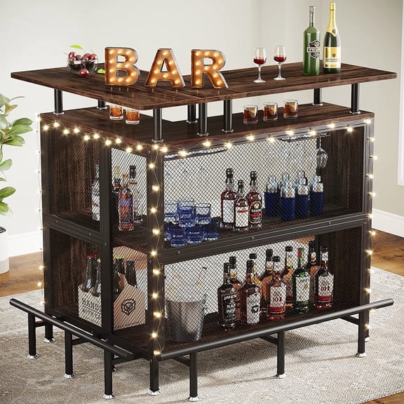 Finmind L-Shaped Bar Table, 4 Tiers Wood Pub Table with Storage Shelves and Stemware Racks for Kitchen, Dining Room, Rustic Brown