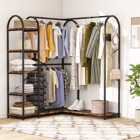 Tribesigns L Shaped Closet Organizer, Freestanding Corner Clothes Garment Rack with Hanging Rods and Storage Shelves, Heavy Duty Metal Clothing Rack Large Open Wardrobe for Bedroom, Rustic Brown