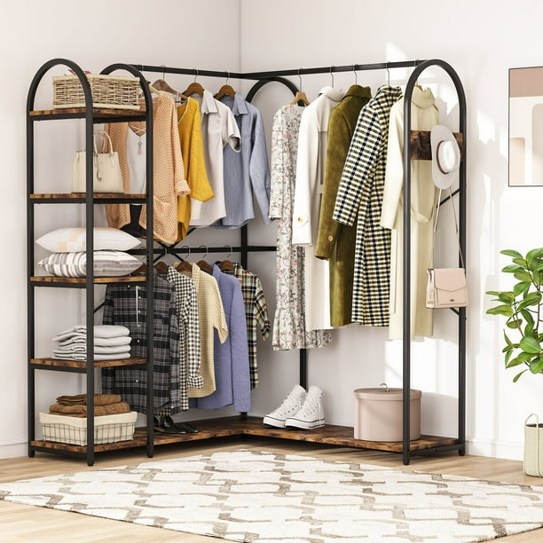 Tribesigns L Shaped Closet Organizer Corner Garment Rack with Hanging Rods and Shelves Rustic Brown Walmart Business Supplies