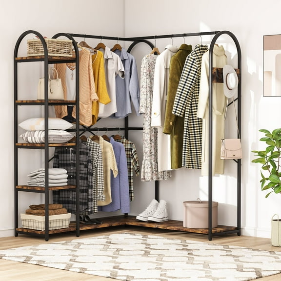 Tribesigns L Shaped Closet Organizer, Freestanding Corner Clothes Garment Rack with Hanging Rods and Storage Shelves, Heavy Duty Metal Clothing Rack Large Open Wardrobe for Bedroom, Rustic Brown
