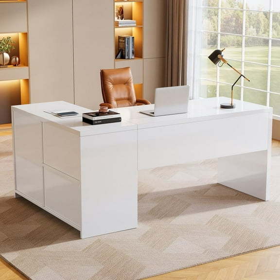 Tribesigns L-Shaped Computer Desk with 3 Drawers, 55-Inch Modern Corner Home Office Executive Table with 2 Storage Shelves for Work Study Writing, White