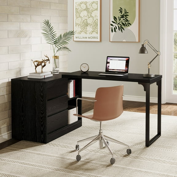 Tribesigns L-Shaped Computer Desk with Drawers and Shelves, Reversible Corner Office Desk with Storage Cabinet, Modern Study Writing Table for Home Office, Bedroom (Black)