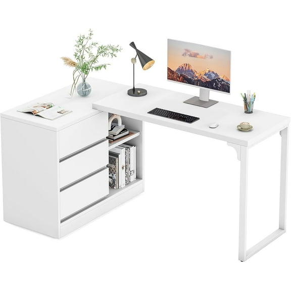 Tribesigns L-Shaped Computer Desk with Drawers and Shelves, Reversible White Corner Office Desk with Storage Cabinet, Modern Study Writing Table for Home Office, Bedroom