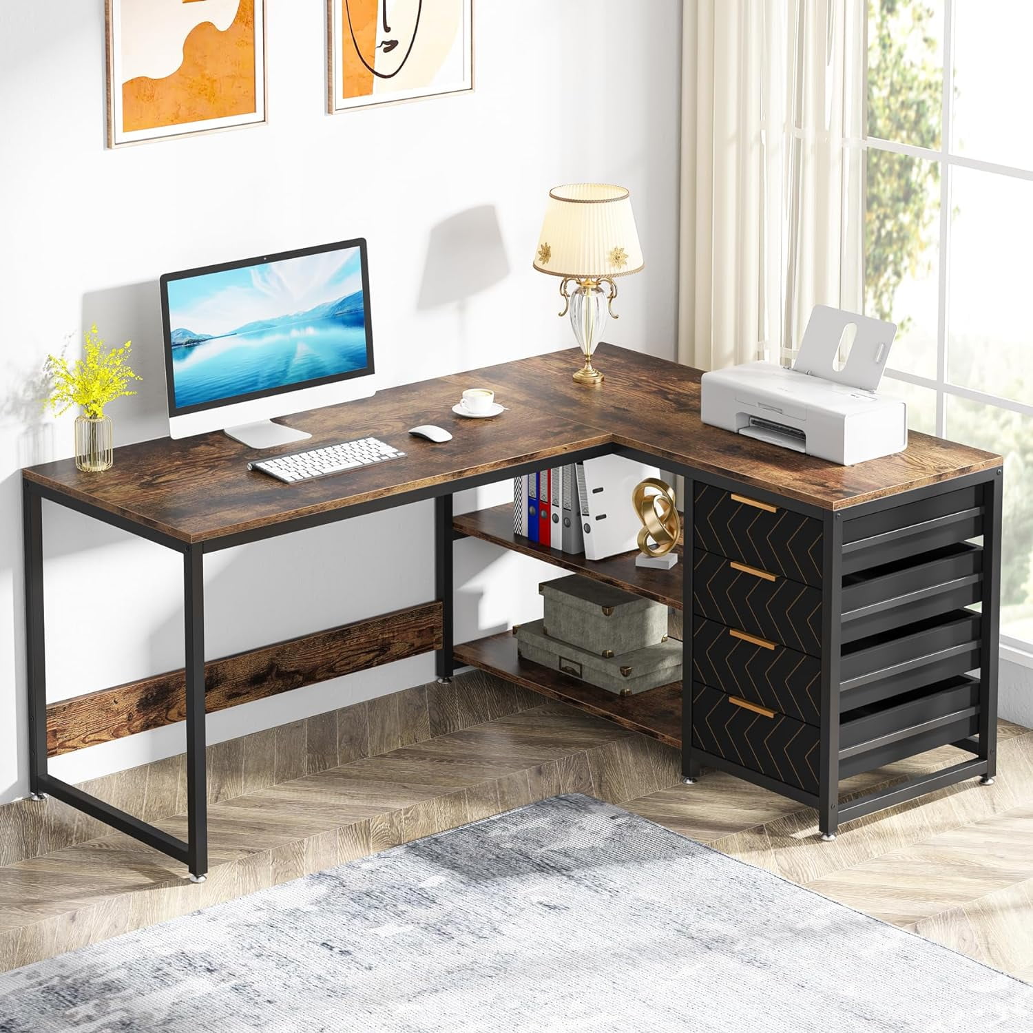 Brown L-Shaped Computer Desk with Drawers and Shelves