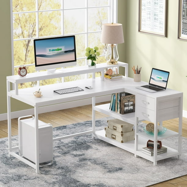 Reversible L Shaped Desk Industrial Corner Desk with Drawer Shelves White