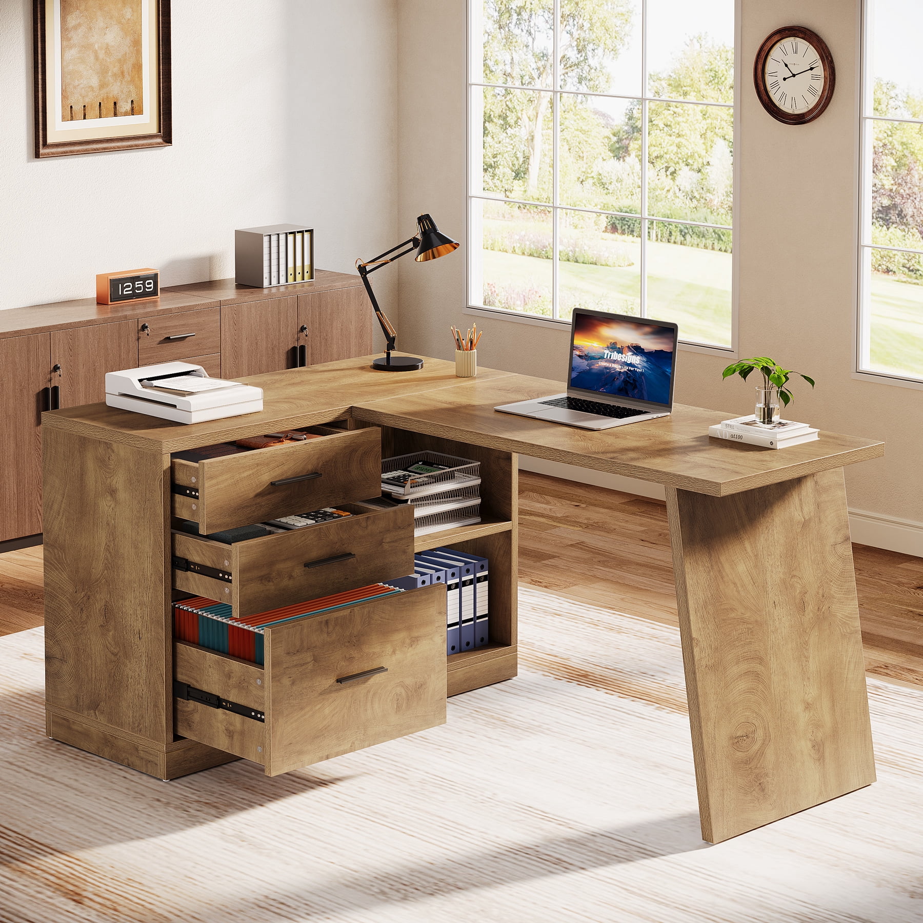 Tribesigns L Shaped Computer Desk with File Cabinet, Home Office Desk with Storage Shelves and 3 Drawers, Farmhouse Executive Workstation, Brown