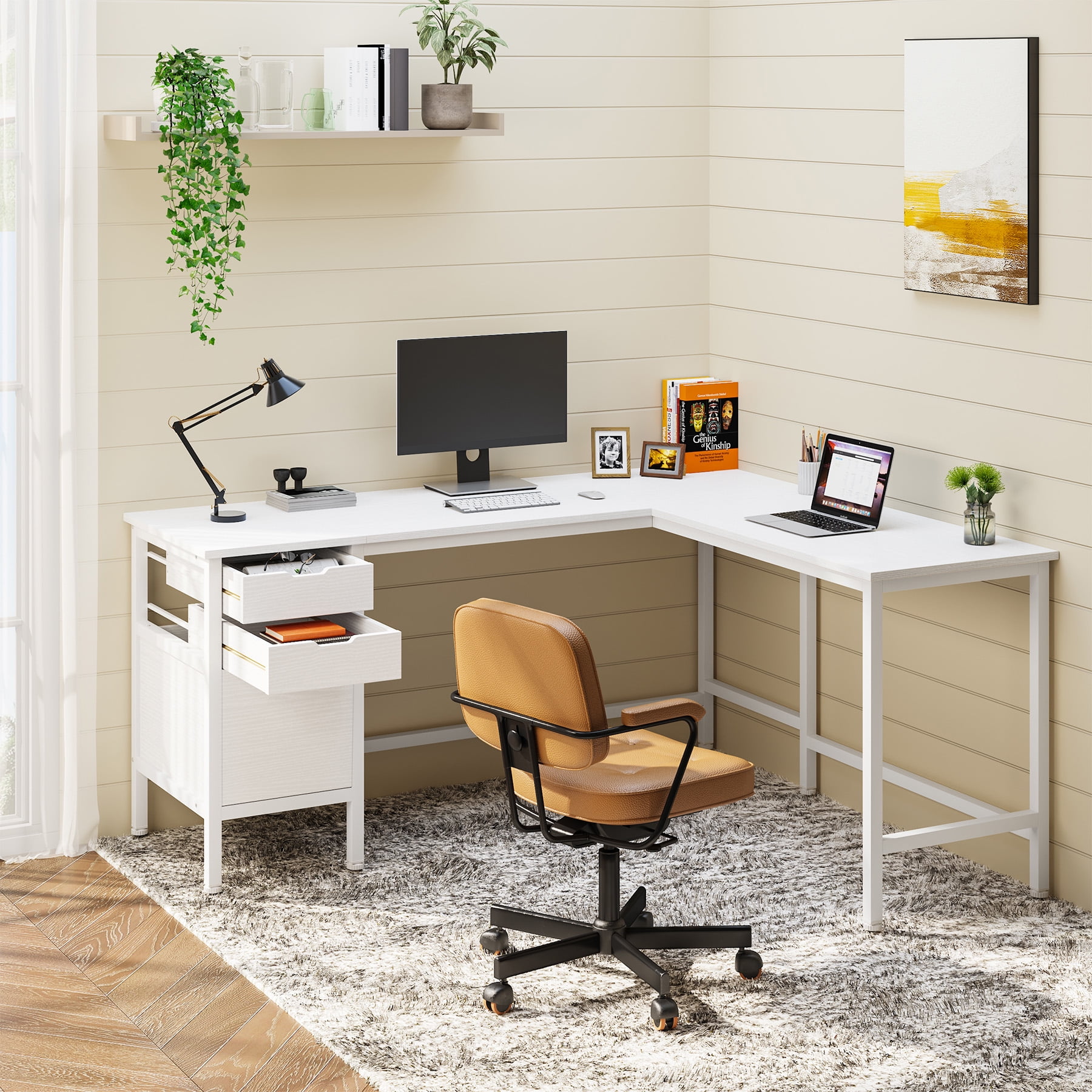 Tribesigns L Shaped Computer Desk with Storage Drawers 59 Inch Corner Desk Writing Table for Home Office